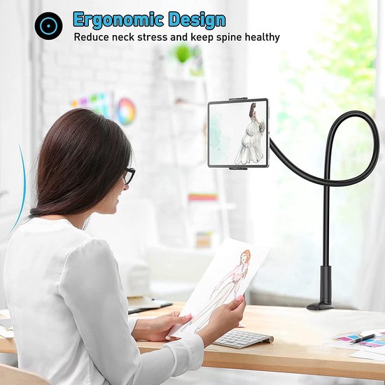 Zwanenhals Tablet Houder – Lazy Arm Beugel voor Bureau/Bed/Keuken – 360° Roteerbare Clip – Flexibele Arm – Universeel voor 4 t/m 10,5 inch Tablets & Smartphones – Geschikt voor: iPad, Galaxy Tab, Switch