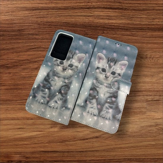 Samsung Galaxy A73 5G Hoesjes – Portemonnee Book Case – Pasjeshouder – Magneetsluiting – Kat Print-Ilumina Benelux