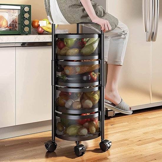Keuken opbergrek – 5-laags draaibare fruit- en groentemand – Met wielen – Metalen opslagmand 180° – Zwart-Kast-Ilumina Benelux