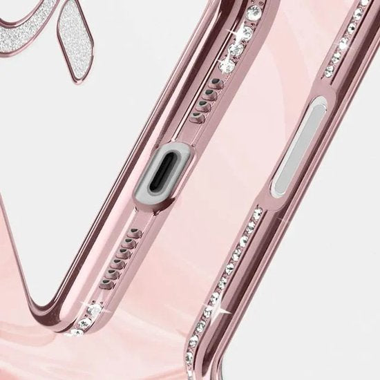 iPhone 16 Plus Hoesjes – MagSafe Glitter Backcover – Strass Diamantjes – Glamour – Roségoud-Ilumina Benelux