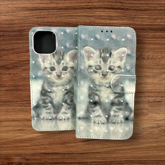 iPhone 13 Hoesjes – Portemonnee Book Case – Pasjeshouder – Magneetsluiting – Kat Print-Ilumina Benelux