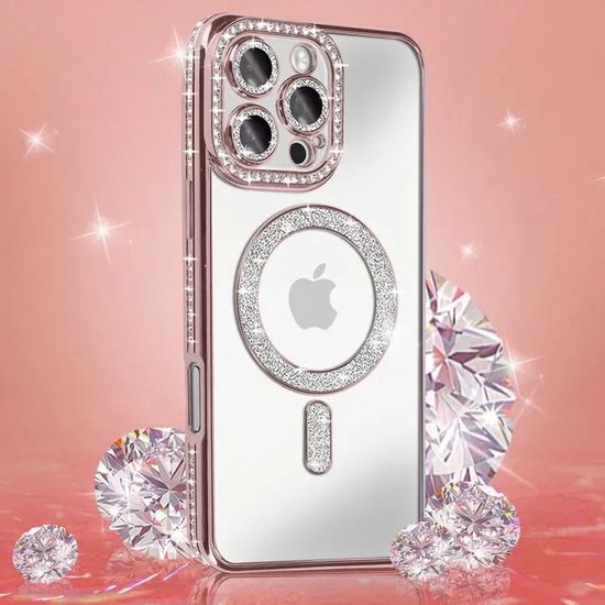 iPhone 16 Pro Max Hoesjes – MagSafe Glitter Backcover – Diamantjes – Glamour – Roségoud-Ilumina Benelux