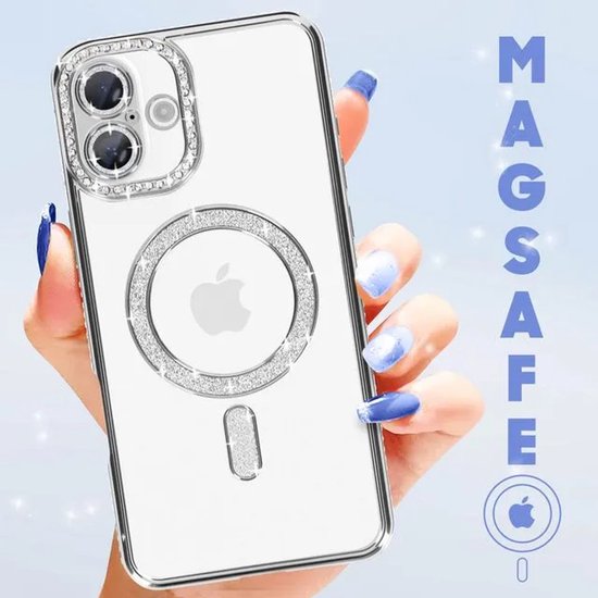 iPhone 16 Plus Hoesjes – MagSafe Glitter Backcover – Diamantjes – Glamour – Zilver-Ilumina Benelux