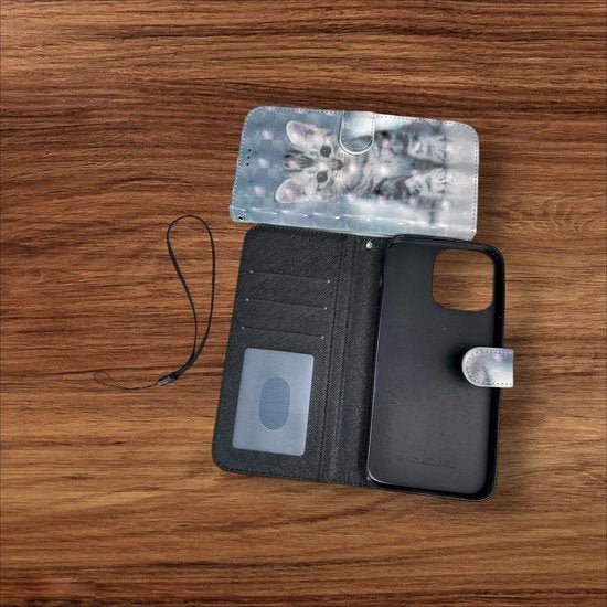 iPhone 14 Pro Hoesjes – Portemonnee Book Case – Pasjeshouder – Kat Print-Ilumina Benelux