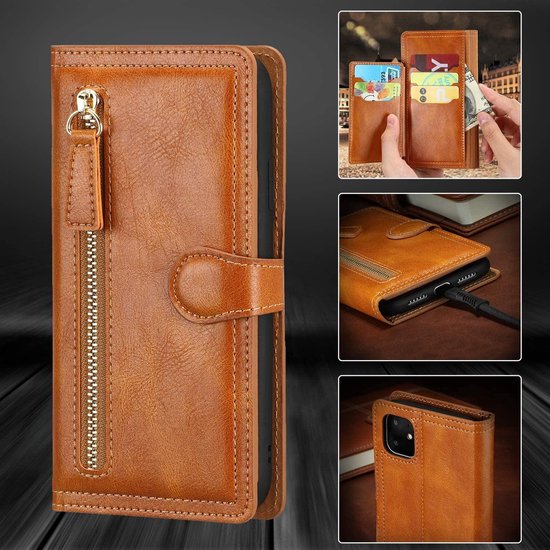 iPhone 12 Mini Hoesjes – Bookcase Portemonnee – Ritssluiting – Magnetisch – 5 Pasjeshouder – Lichtbruin-Ilumina Benelux