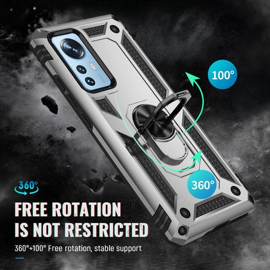 Xiaomi 12 / 12X Hoesjes – Ring Armor Backcover – Draaibare standaard – Magneet – Zilver-Ilumina Benelux