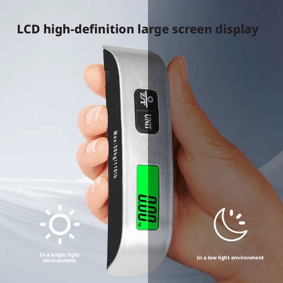 Digitale Bagageweegschaal Met Weeghaak & Thermometer - Koffer Weegschaal Bagage Bagageweger Kofferweger - Hang Weegschaal - Tot 50KG - Grijs - Inclusief Batterijen