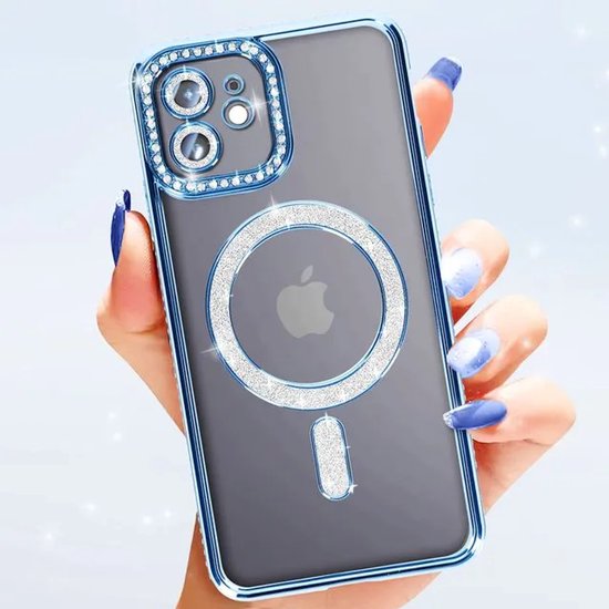 iPhone 11 Hoesjes – MagSafe Glitter Backcover – Diamantjes – Glamour Design – Blauw-Ilumina Benelux