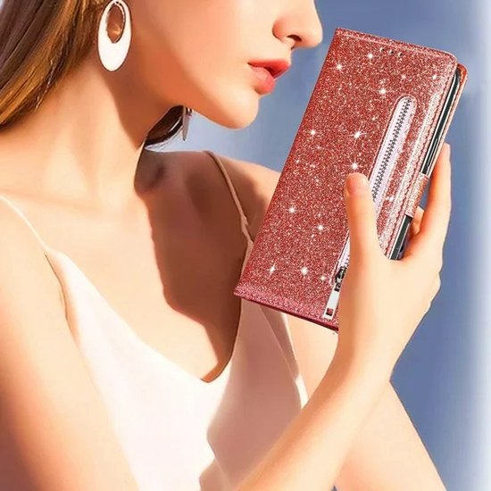Samsung Galaxy A25 Hoesjes – Glitter Portemonnee Case – Rits, Koord & Pasjeshouder – Roségoud-Ilumina Benelux