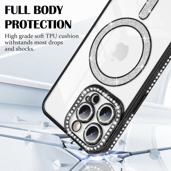 iPhone 17 Pro Max Hoesjes – MagSafe Glitter Backcover – Diamantjes – Glamour – Zwart