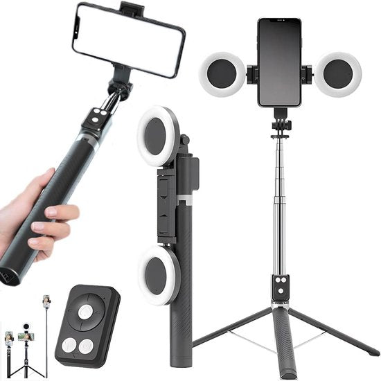 Selfiestick met statief – Bluetooth afstandsbediening – 6-in-1 tripod – Dubbele fill light – Geschikt voor iPhone & Samsung – Zwart