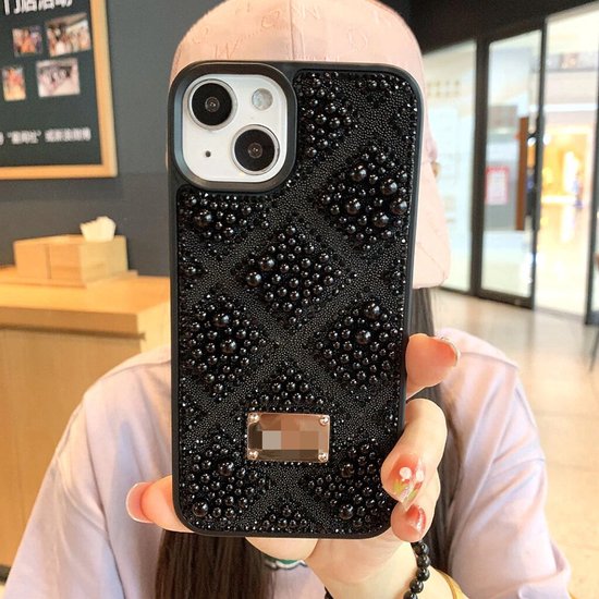 iPhone 16 Hoesjes – Parel Kralen Backcover – Ruitjes Design – Fashion Case voor Vrouwen – Zwart-Ilumina Benelux