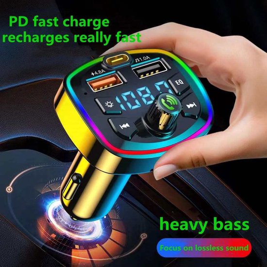 FM Transmitter Auto – Bluetooth 5.0 Carkit – Snellader USB-C & USB – SD Kaart – RGB Licht – Handsfree Bellen – Zwart-Ilumina Benelux