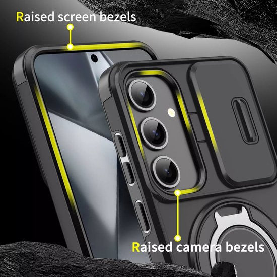 Samsung Galaxy A15 Hoesjes – Armor Tough Hybrid Backcover – MagSafe Ringstandaard – Schokbestendig – Zwart-Ilumina Benelux