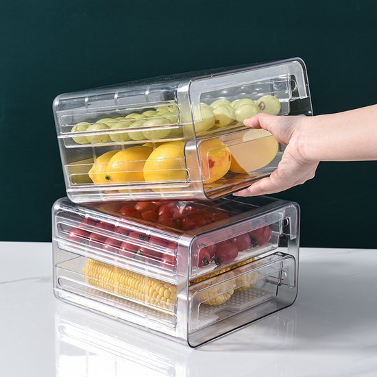Koelkast organizer – Stapelbare PET opbergbox lade – Voor groente, fruit & vlees – 24×21,5×14 cm – Transparant-Keukenkastorganizer-Ilumina Benelux