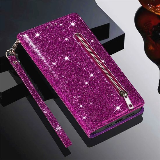 iPhone 13 Pro Hoesjes – Glitter Portemonnee Hoes – Rits & Koord – Paars-Ilumina Benelux