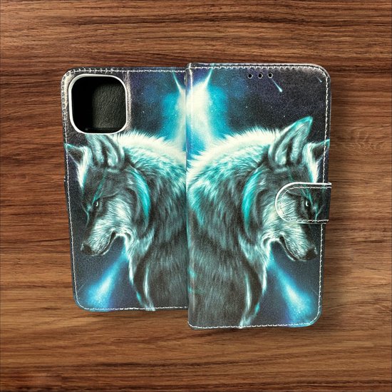 iPhone 14 Hoesjes – Portemonnee Book Case – Pasjeshouder – Wolf Print-Ilumina Benelux