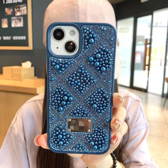 iPhone 16 Pro Max Hoesjes – Parel kralen backcover – Ruitjes design – Fashion dames case – Blauw-Ilumina Benelux