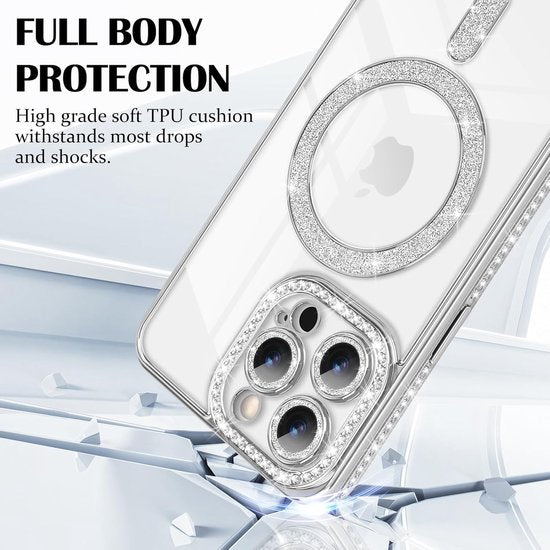 iPhone 14 Hoesjes – MagSafe Magnetische Backcover – Glitter Sparkle – Schokbestendig – Zilver-Ilumina Benelux