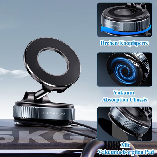 Telefoonhouder auto – Vacuüm magnetisch – 360° draaibaar – Dashboard montage – Zwart-Ilumina Benelux