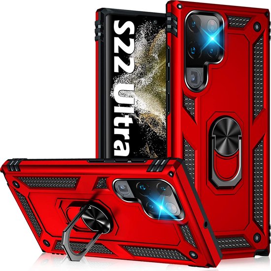 Samsung Galaxy S22 Ultra Hoesjes – Ring Armor Backcover – 360° Draaibare Standaard – Magneet – Rood-Ilumina Benelux