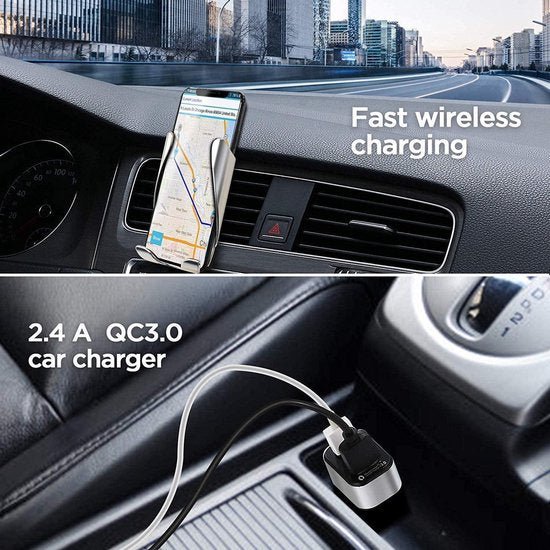 Telefoonhouder auto – Draadloos opladen Qi – Automatische klemarmen – Geschikt voor iPhone Samsung Nokia Huawei – Zwart-Telefoonhouders-Ilumina Benelux