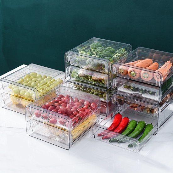 Koelkast organizer – Stapelbare PET opbergbox lade – Voor groente, fruit & vlees – 24×21,5×14 cm – Transparant-Keukenkastorganizer-Ilumina Benelux