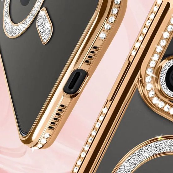 iPhone 14 Plus Hoesjes – MagSafe Glitter Backcover – Diamantjes – Glamour – Goud-Ilumina Benelux