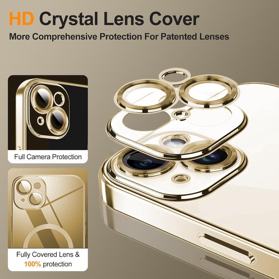iPhone 15 Hoesjes – Magnetische Clear Siliconen Backcover – Camera Lens Protector – MagSafe – Goud-Ilumina Benelux