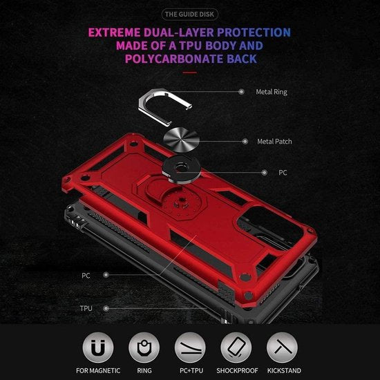 Samsung Galaxy A71 Hoesjes – Rugged Ring Armor Backcover – Schokbestendig – Rood-Ilumina Benelux