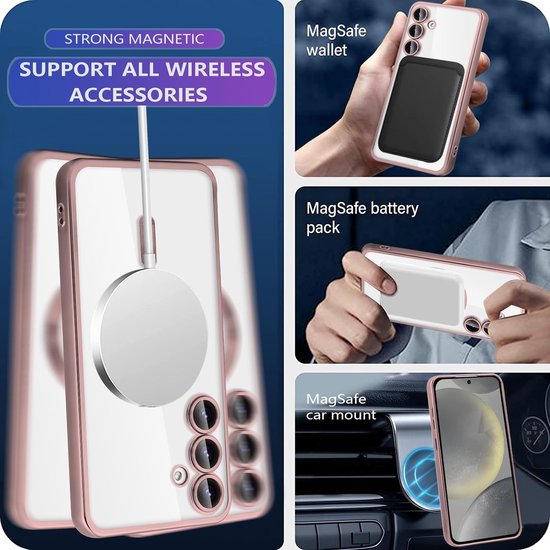 Samsung Galaxy S24 Hoesjes – Magnetische Magsafe Ring – Transparante Siliconen Backcover – Camera Lens Protector – Roségoud