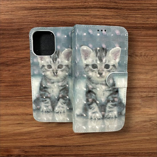iPhone 13 Pro Max Hoesjes – Portemonnee Book Case – Pasjeshouder – Magneetsluiting – Kat Print-Ilumina Benelux