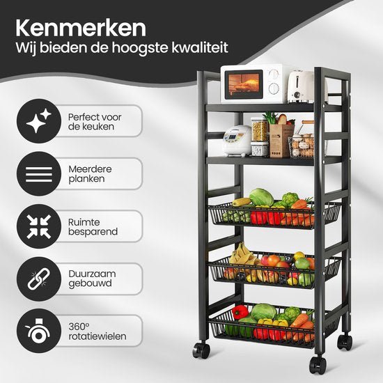 Keukenrek verrijdbaar – Velox Goods VL-518 – 5 lagen opbergrek – Metalen rek met gaasmanden – Zwart-Keukenmeubelset-Ilumina Benelux