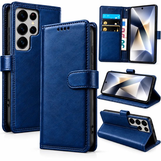 Bookcase Hoesje Geschikt voor Samsung Galaxy S26 Ultra - Luxe PU Kalfsleer Telefoonhoes- Portemonnee Hoesje met Kaartvakken, Contant Geldvak, Magneetsluiting & Standaardfunctie - Blauw