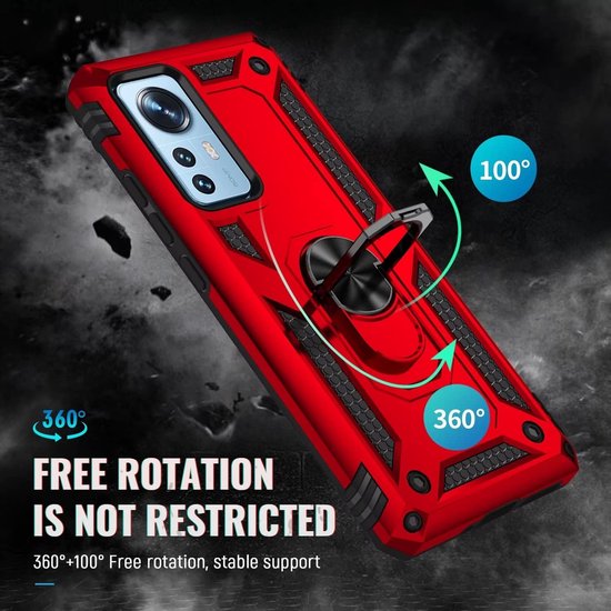 Xiaomi 12 Pro Hoesjes – Ring Armor Backcover – 360° Draaibare Standaard – Magneet – Rood-Ilumina Benelux