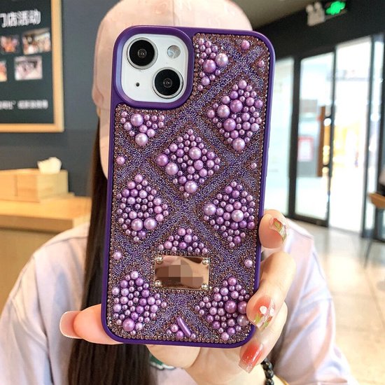 iPhone 14 Pro Max Hoesjes – Backcover – Parel kralen ruitjes design – Fashion dames case – Paars-Ilumina Benelux