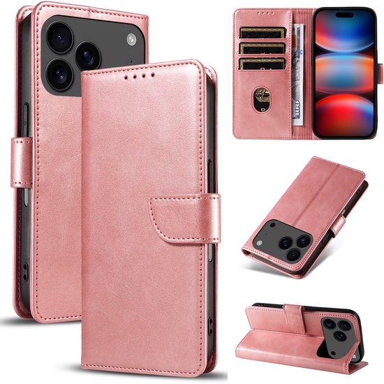 iPhone 17 Pro Hoesjes – Luxe PU Kalfsleer Wallet – Portemonnee Hoes – Pasjeshouder – Roségoud-Ilumina Benelux