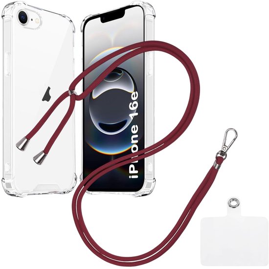 iPhone 16E Hoesjes – Transparante Backcover – Schokbestendig – Nekkoord Koord – Bordeaux-Ilumina Benelux
