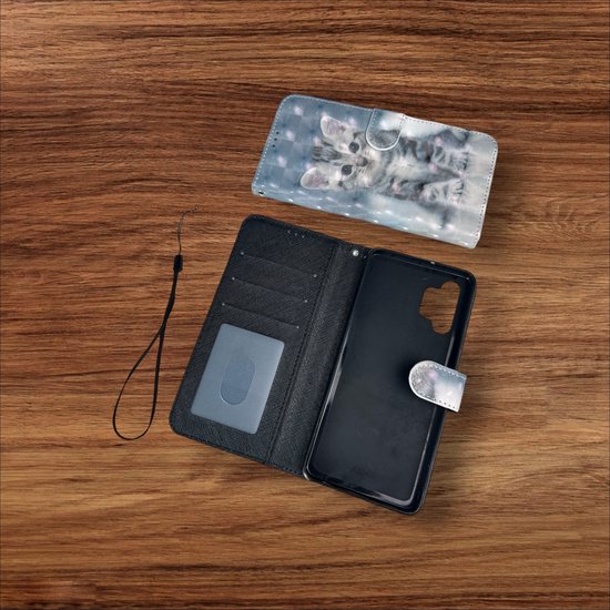 Samsung Galaxy A32 5G Hoesjes – Portemonnee Book Case – Pasjeshouder – Magneetsluiting – Kat Print-Ilumina Benelux