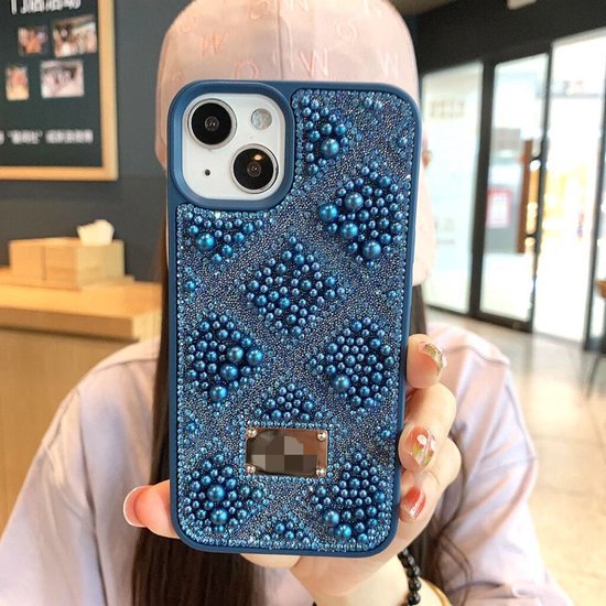iPhone 16 Pro Hoesjes – Parel kralen backcover – Ruitjes design – Fashion dames case – Blauw-Ilumina Benelux