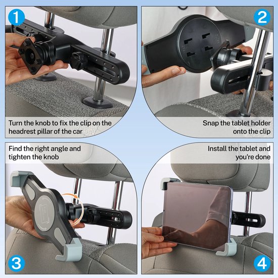 Tablethouder auto hoofdsteun – Verstelbare arm – 360° draaibaar – Geschikt voor iPad & Samsung Galaxy Tab – Zwart-Tablethouder-Ilumina Benelux