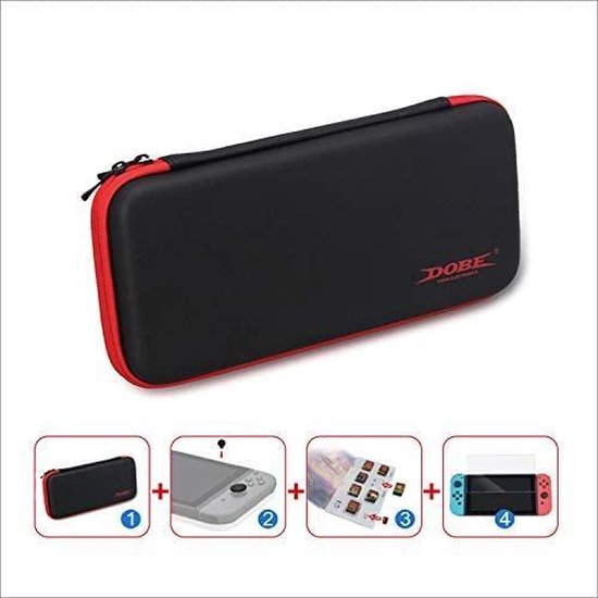 Beschermset – Geschikt voor Nintendo Switch – 4-in-1 Opbergkoffer & Kaartsleuf – Rubberen Plug – Gehard Glas Screenprotector – Zwart-Ilumina Benelux