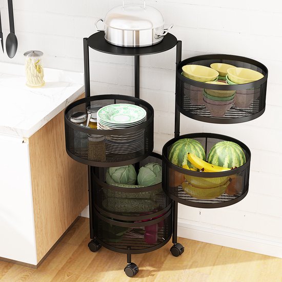 Keuken opbergrek – 5-laags draaibare fruit- en groentemand – Met wielen – Metalen opslagmand 180° – Zwart-Kast-Ilumina Benelux