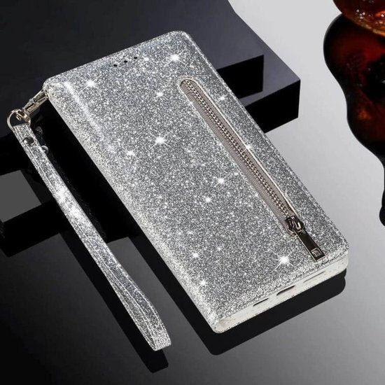 iPhone 14 Plus Hoesjes – Glitter Portemonnee Hoes – Rits & Koord – Pasjeshouder – Zilver-Ilumina Benelux