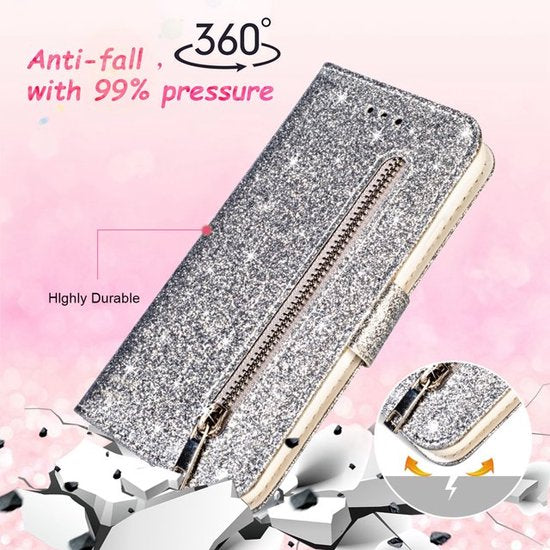Samsung Galaxy A25 Hoesjes – Glitter Portemonneehoes – Rits & Koord – Pasjeshouder – Zilver
