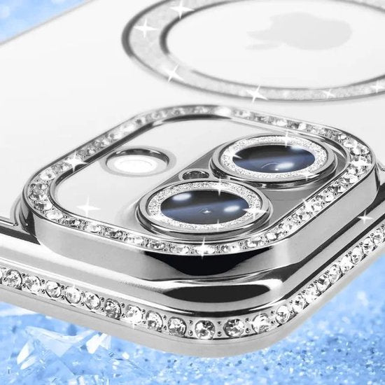 iPhone 16 Hoesjes – MagSafe Glitter Backcover – Diamantjes – Glamour – Zilver-Ilumina Benelux