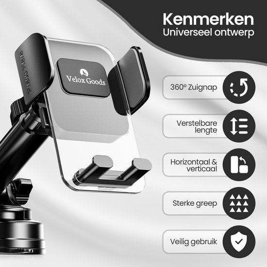 Telefoonhouder auto – Sterke zuignap – 360° draaibaar – Voor dashboard/voorruit/bureau – Zwart-Ilumina Benelux