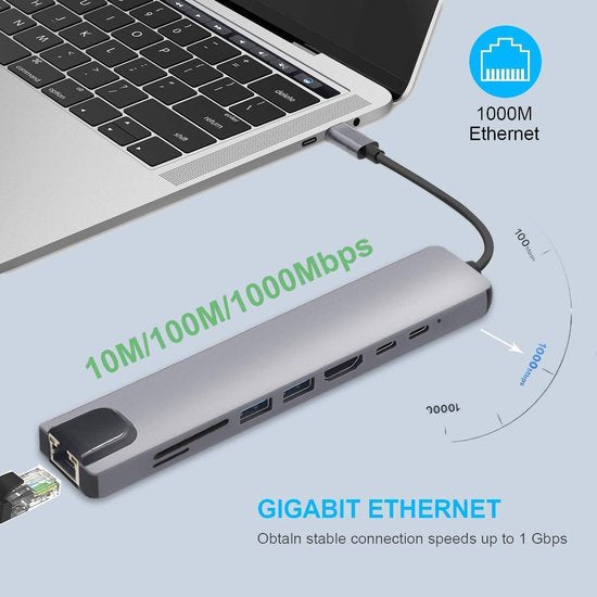 USB-C Hub – 8-in-1 CNC Aluminium Adapter – 4K HDMI, RJ45 Ethernet, USB 3.0, USB-C PD, SD/TF – Zilver-Ilumina Benelux