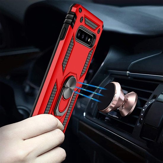 Samsung Galaxy S10e Hoesjes – Ring Armor Backcover – 360° Draaibare Standaard – Magneet – Rood-Ilumina Benelux