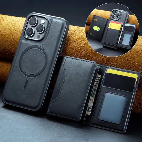 iPhone 16 Pro Hoesjes – MagSafe Wallet Case – Pasjeshouder 8 Kaartvakken – RFID-bescherming – Zwart-Ilumina Benelux